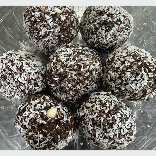 Coconut with dark and white chocolate bliss balls